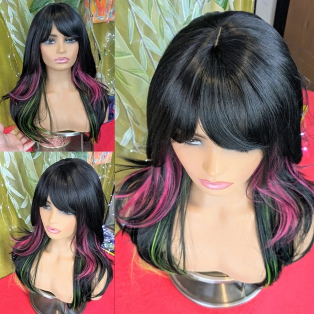 LAST ONE! Black wig with neon pink and green